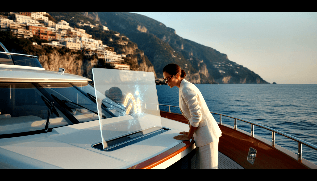 Dark-haired woman in cream linen blazer leans over a glowing holographic panel on a white yacht deck at golden hour.