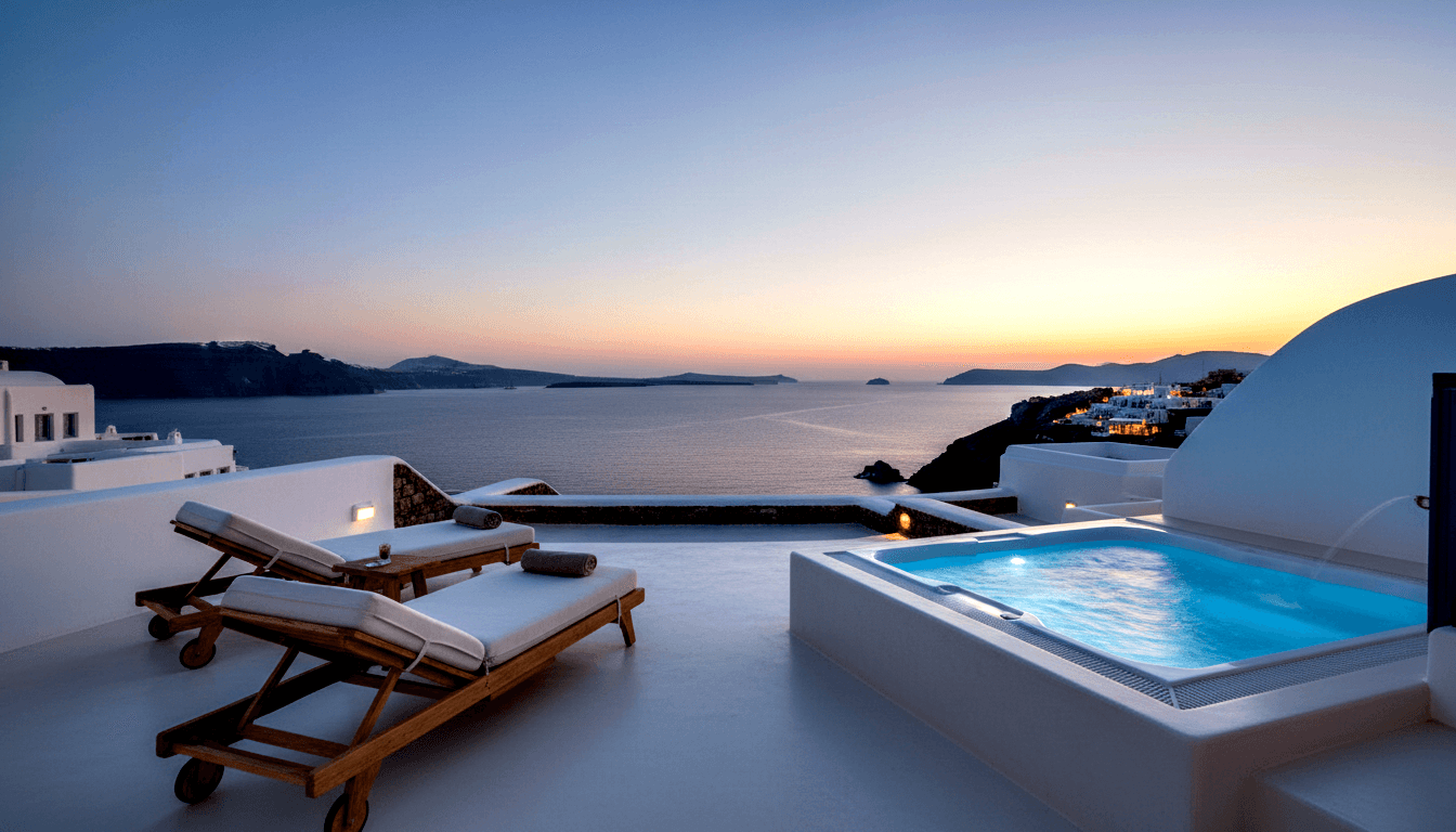 Cliffside terrace at dusk: lounge chairs, side table, glowing blue plunge pool at edge, volcanic silhouettes, orange-lavender sunset.