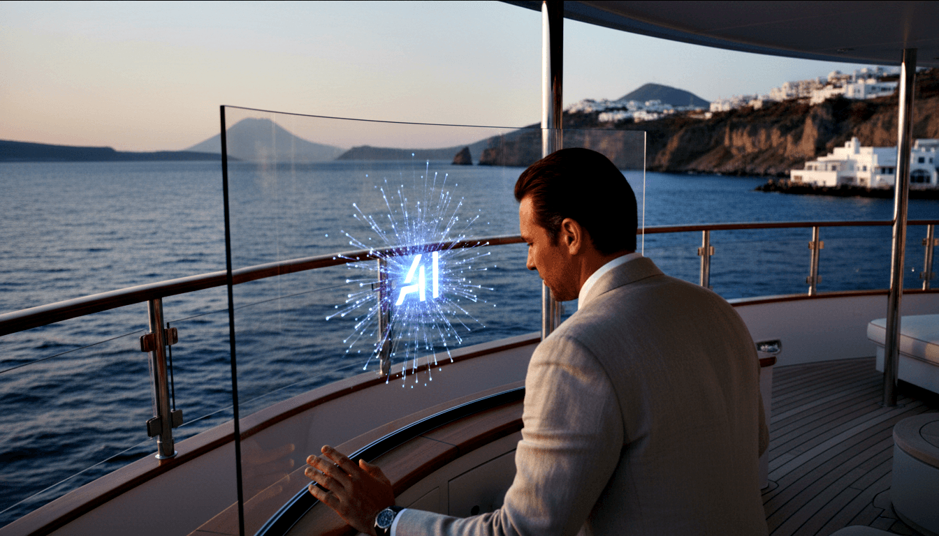 Man in gray-beige suit stands on yacht deck facing a holographic blue-white 'AI' starburst, with sea, cliffs, and islands at dusk.