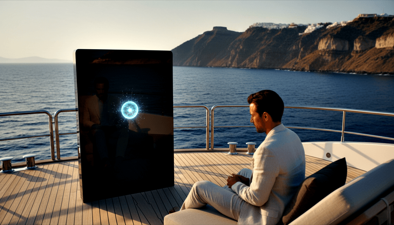 Man in cream linen sits in lounge chair on teak yacht deck facing a black panel with glowing cyan orb, coastal cliffs behind him.