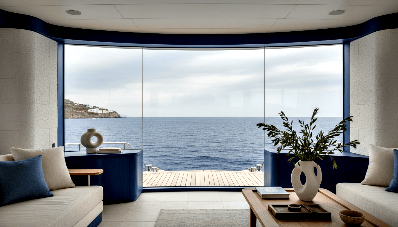 Curved floor-to-ceiling glass windows framing ocean and rocky headland, with two cream sofas facing a wooden coffee table on a woven rug.