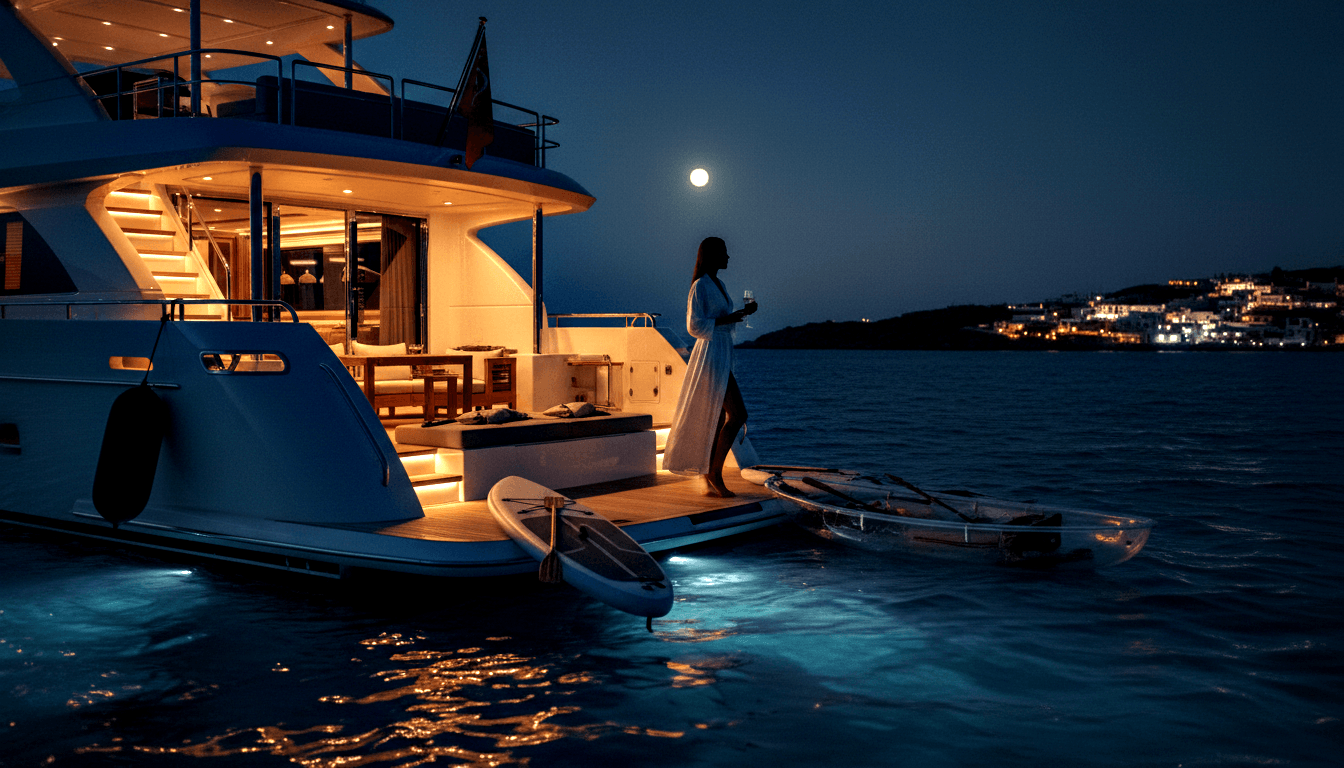 Woman in white standing on yacht swim platform at night, holding a glass, with amber cabin lights, teal underwater LEDs, and full moon above.