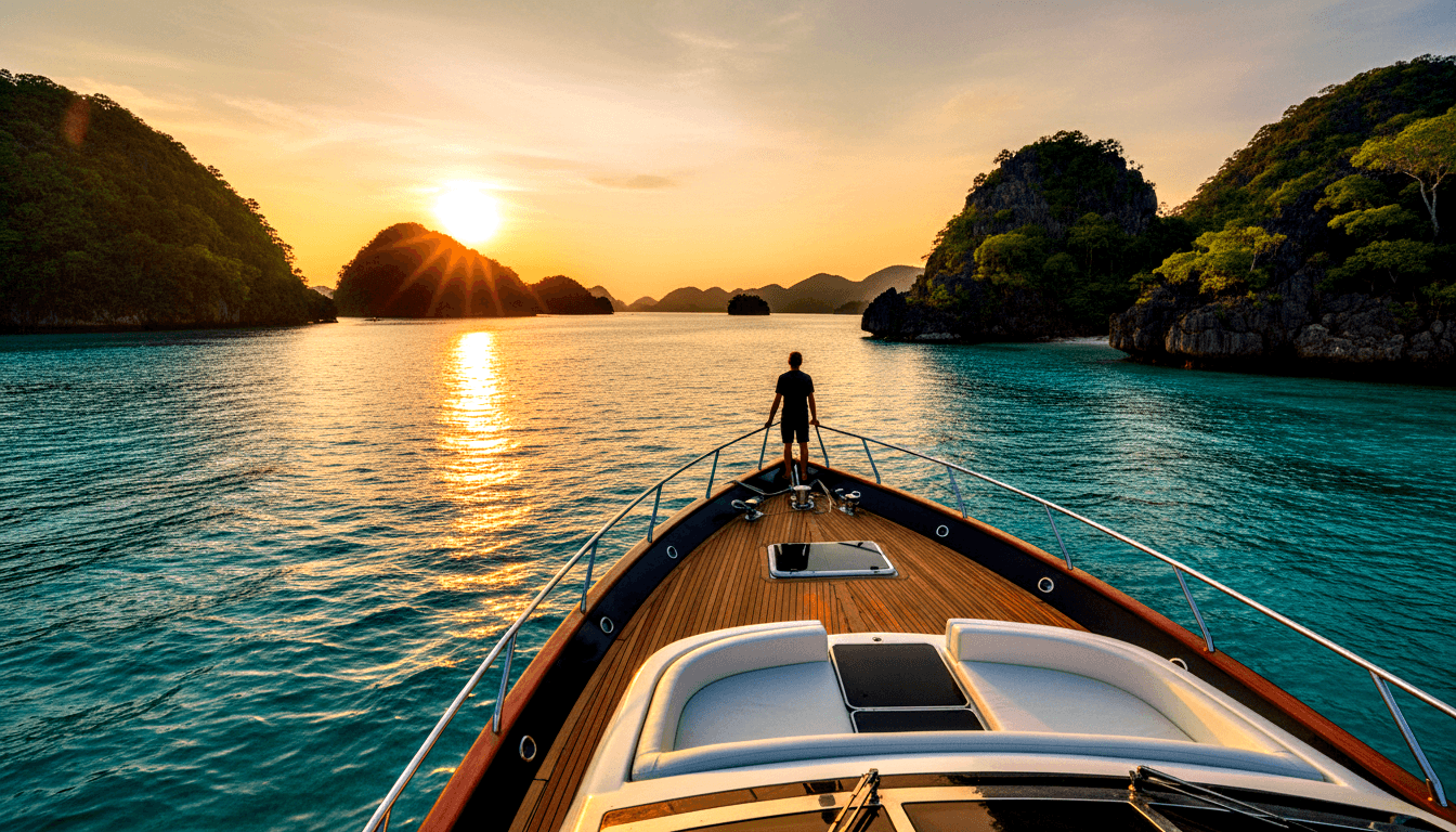Yacht bow cuts through turquoise water toward golden sunset, karst islands flanking, lone silhouette at chrome railing.