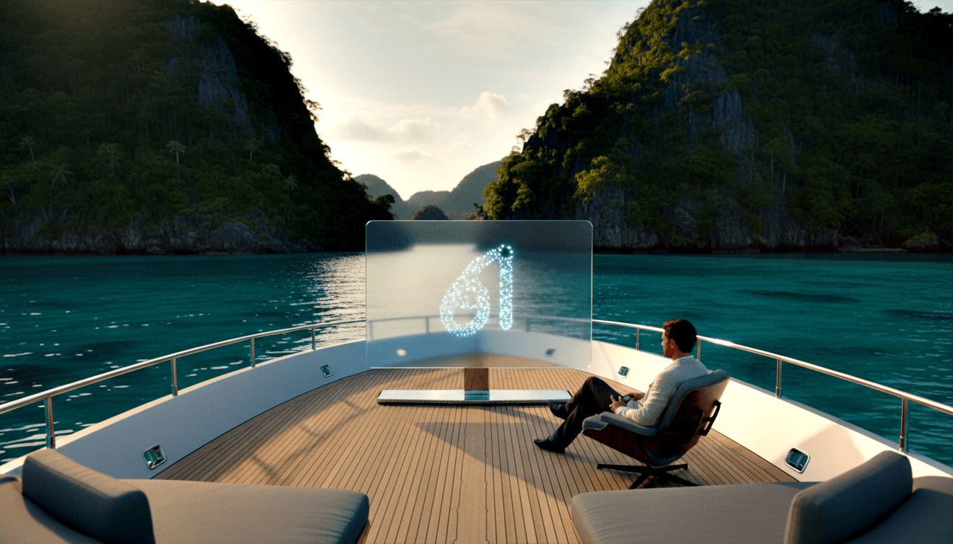 Person seated in cushioned chair on yacht bow, facing a glowing holographic display, surrounded by turquoise water and limestone cliffs.