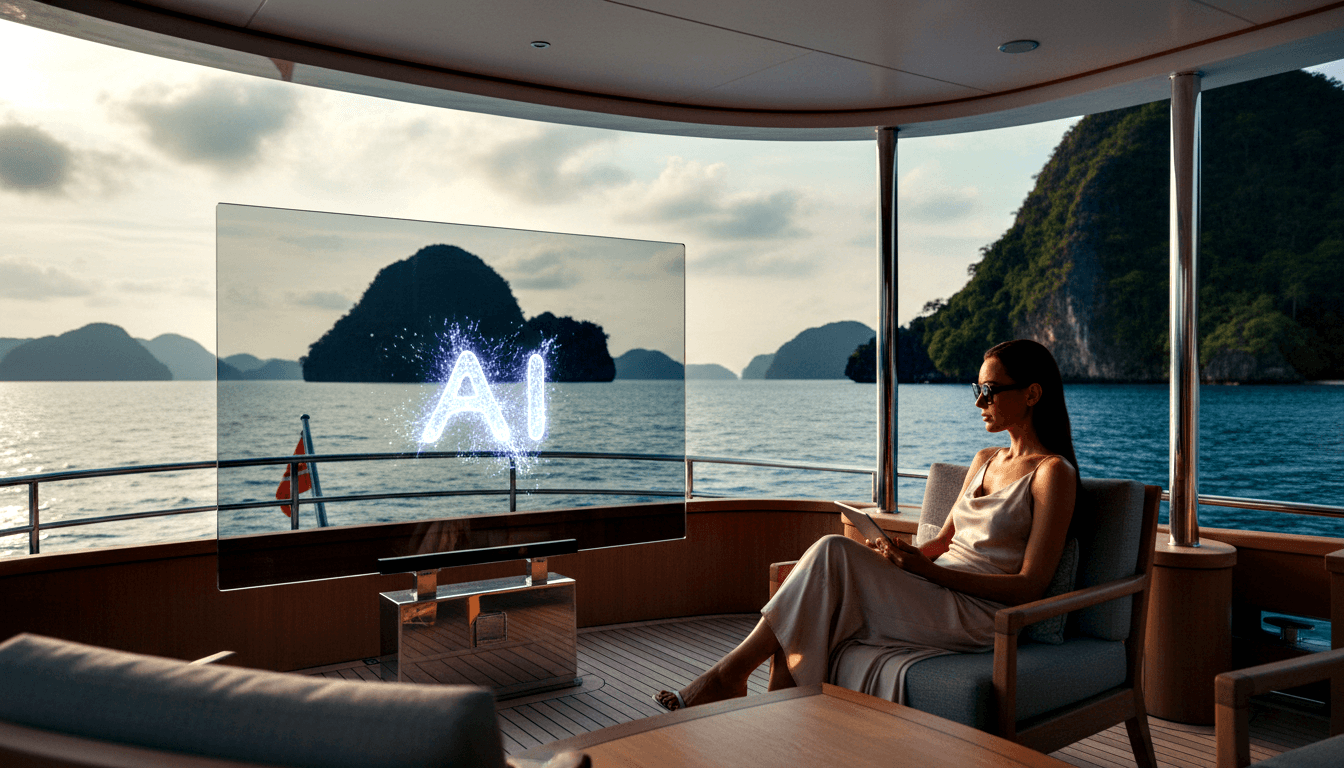 Woman with sunglasses and wide-leg pants sits barefoot on yacht deck beside a transparent display showing glowing AI text in a particle effect.