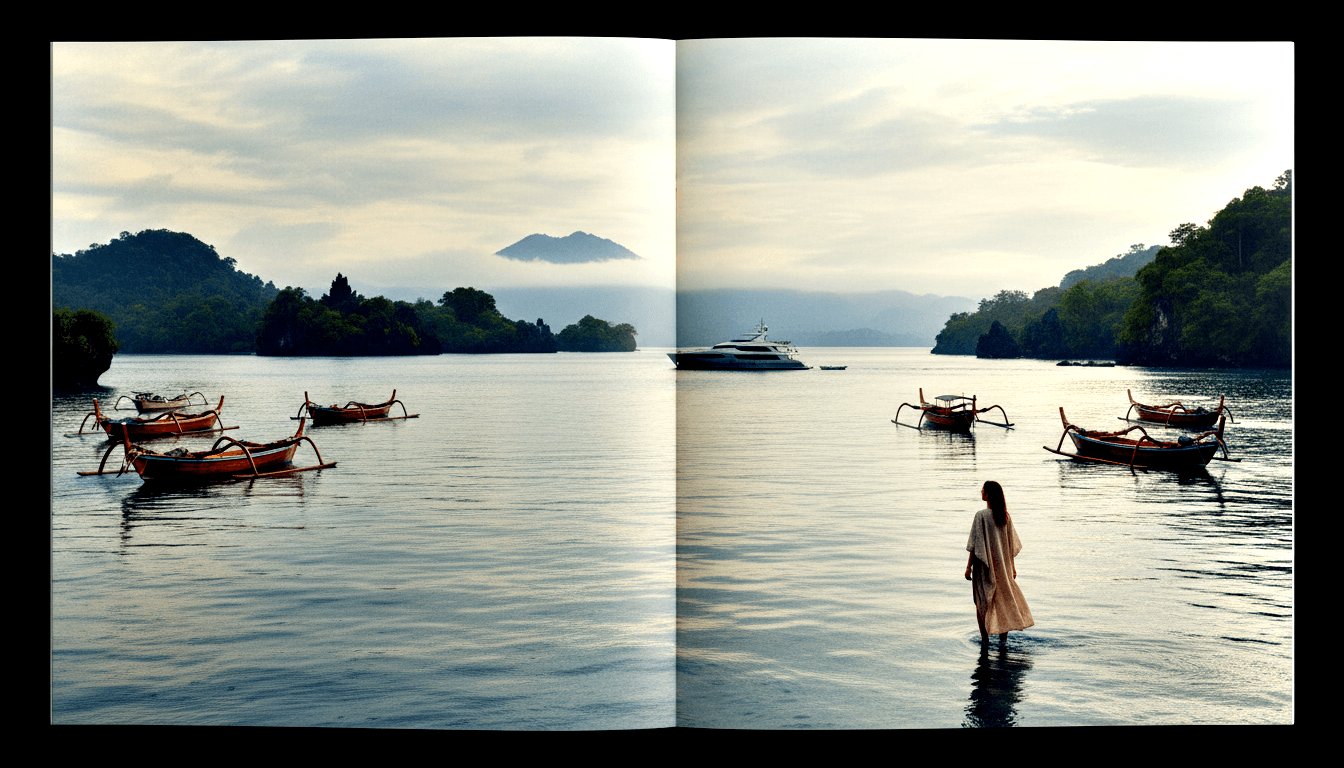 Woman in white kaftan stands in calm bay; outrigger canoes, white yacht, and misty volcanic peak backdrop.