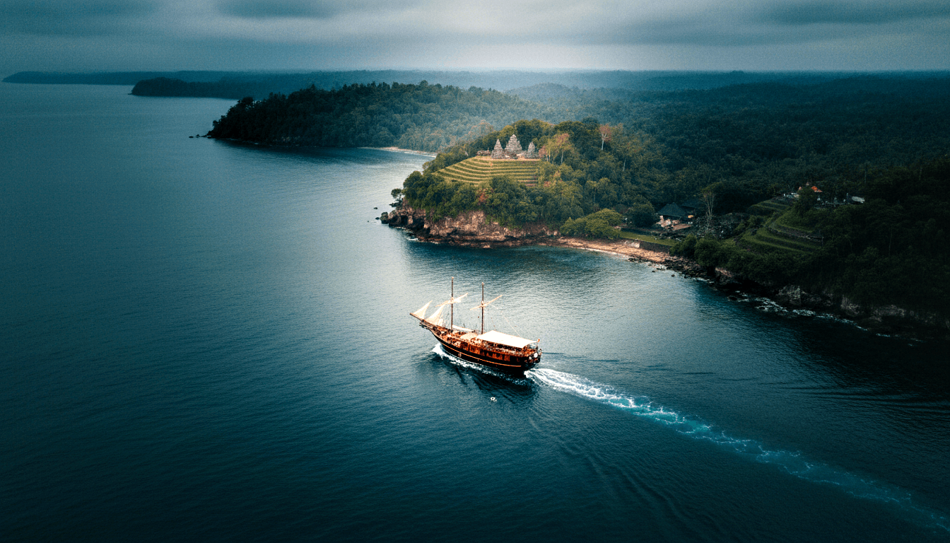 Two-masted wooden sailing vessel crossing teal-green ocean toward a jungle-covered island with multi-tiered stone temples on terraced hillsides.