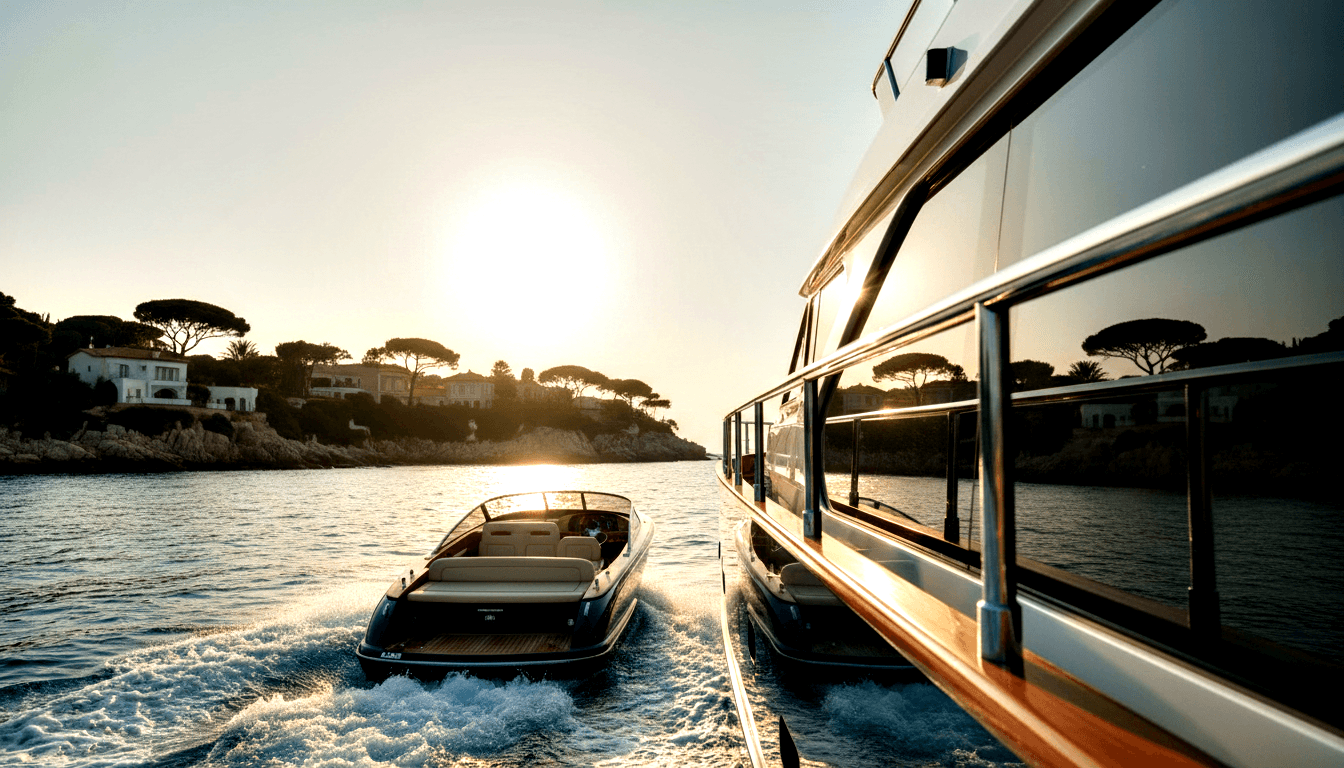 Motor yacht with chrome railings and teak trim leads a dark-hulled speedboat past villa-lined rocky shore at golden hour.