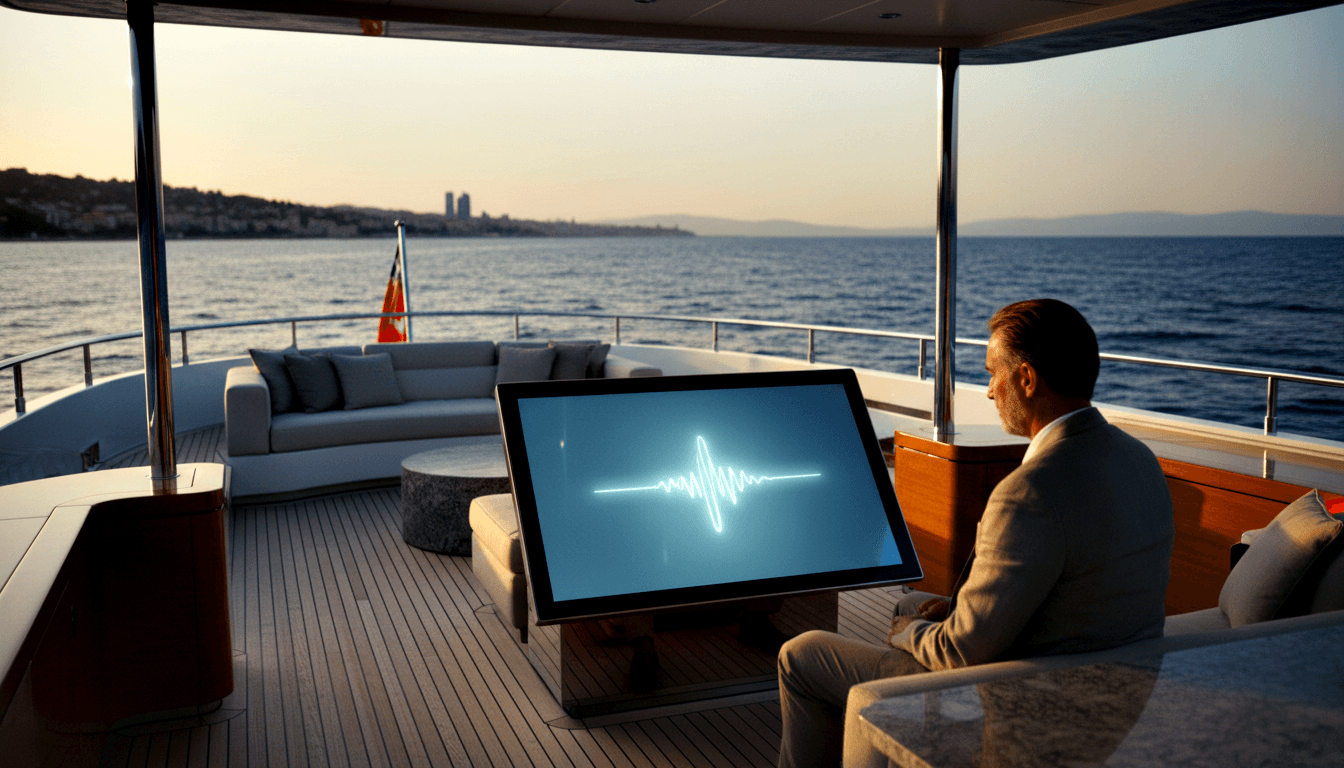 Man in gray blazer sits on yacht aft deck facing a monitor displaying an audio waveform, with calm water and coastal cityscape behind.