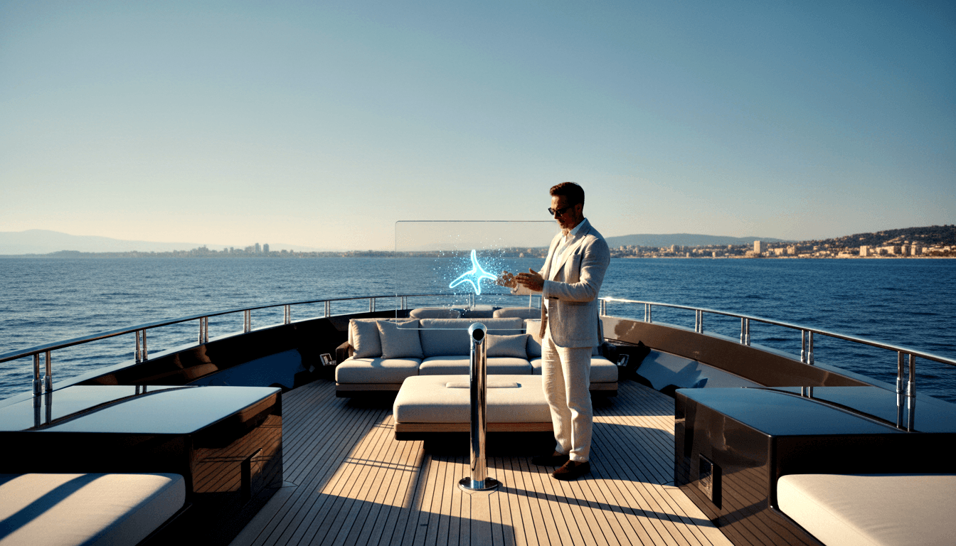 Man in cream suit holding a glowing blue holographic star symbol on a motor yacht deck, calm water and coastal hills behind.