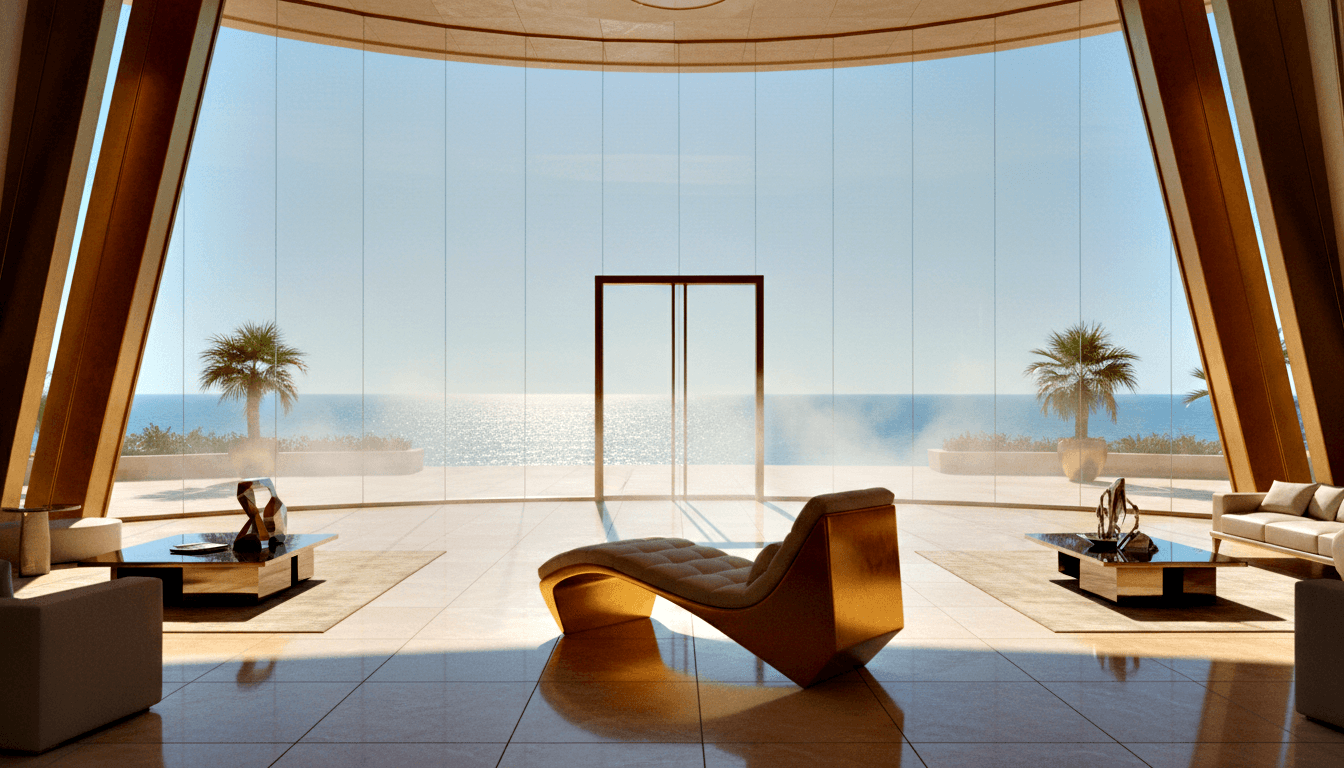 CGI rotunda interior with gold-quilted chaise lounge, cream sofas, glass walls opening to a terrace with palms and deep-blue ocean.