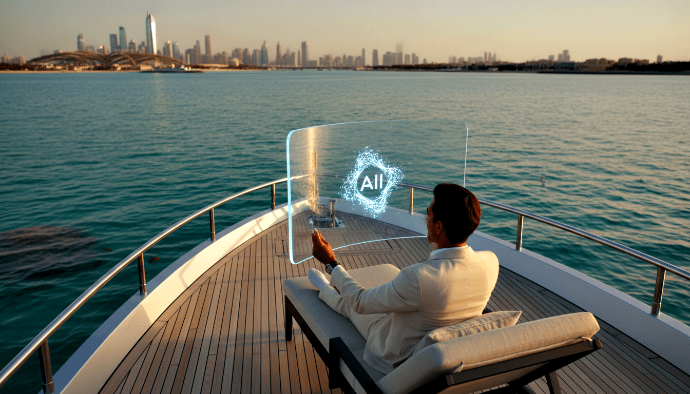 Person in cream suit on yacht extends arm toward cyan holographic panel mid-air showing circular particle ring labeled 'All'.