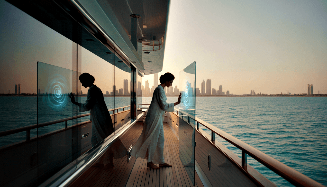 Short dark-haired woman in white robe stands barefoot on teak yacht deck touching a glowing blue spiral holographic glass panel.