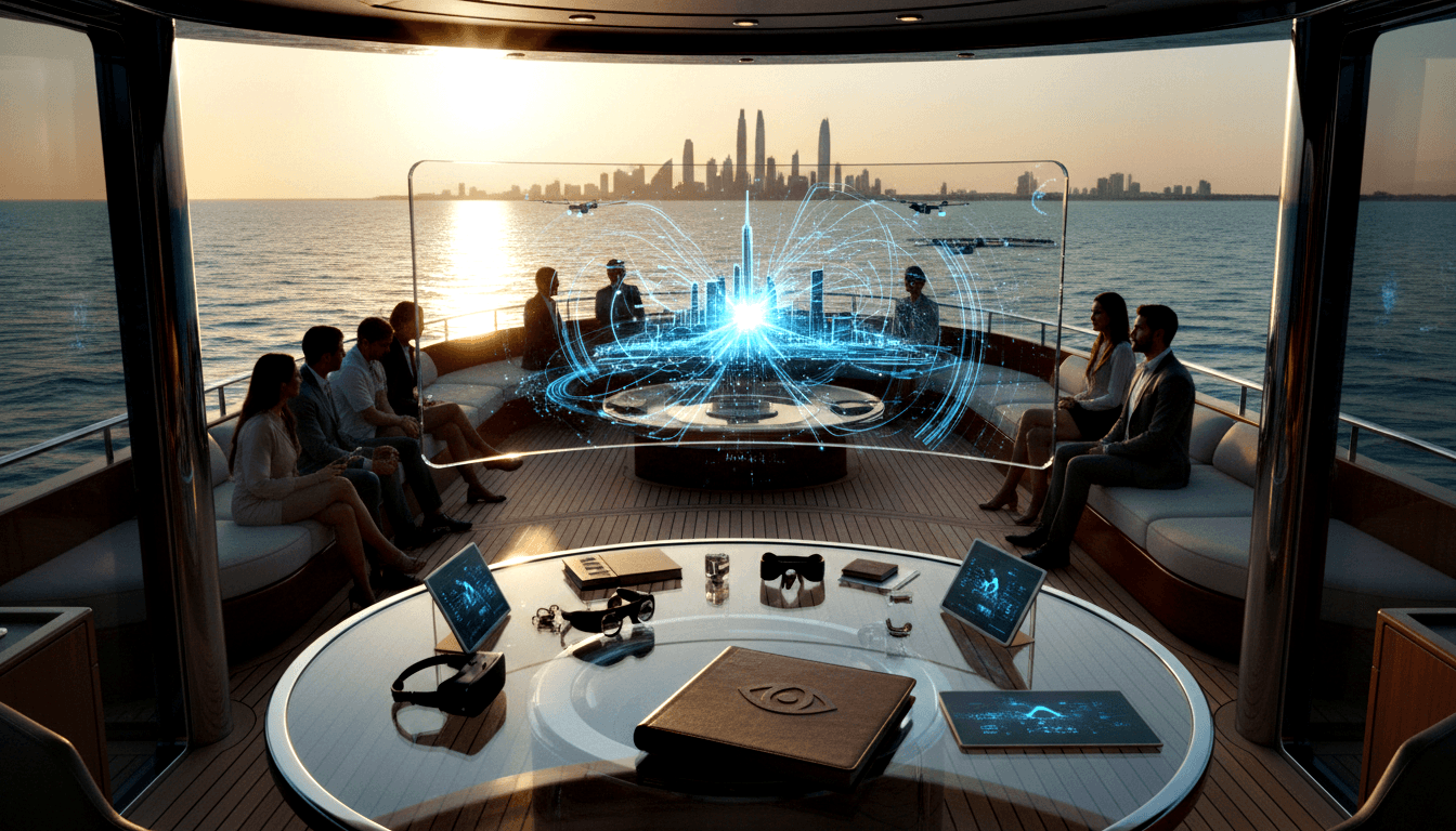 Adults in business attire sit around a circular table displaying a blue holographic cityscape on a yacht with panoramic glass walls.