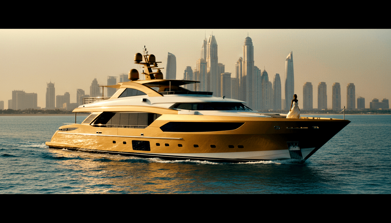 Multi-deck superyacht with gold-champagne hull and white superstructure crossing teal water, solitary figure in white dress on aft deck.
