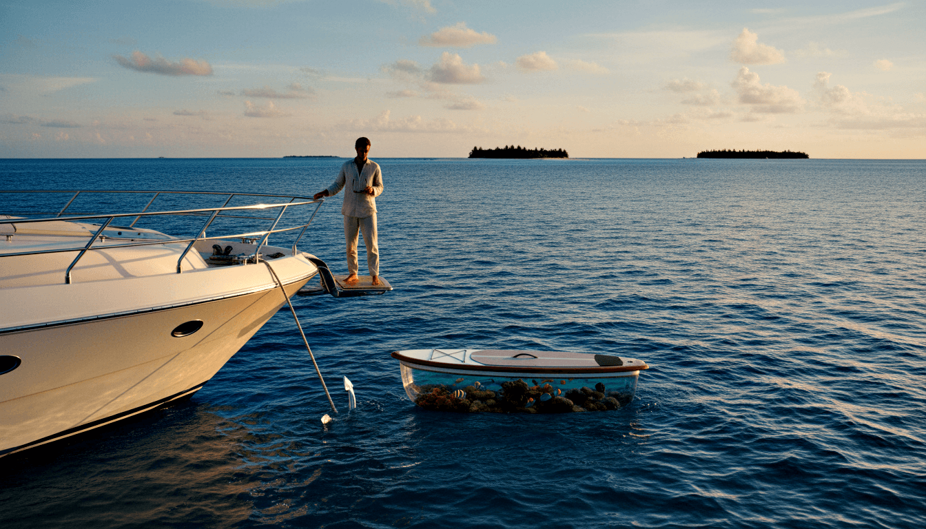 Person on yacht stern watches transparent-hulled tender revealing coral reef and fish below; tropical atolls on horizon.