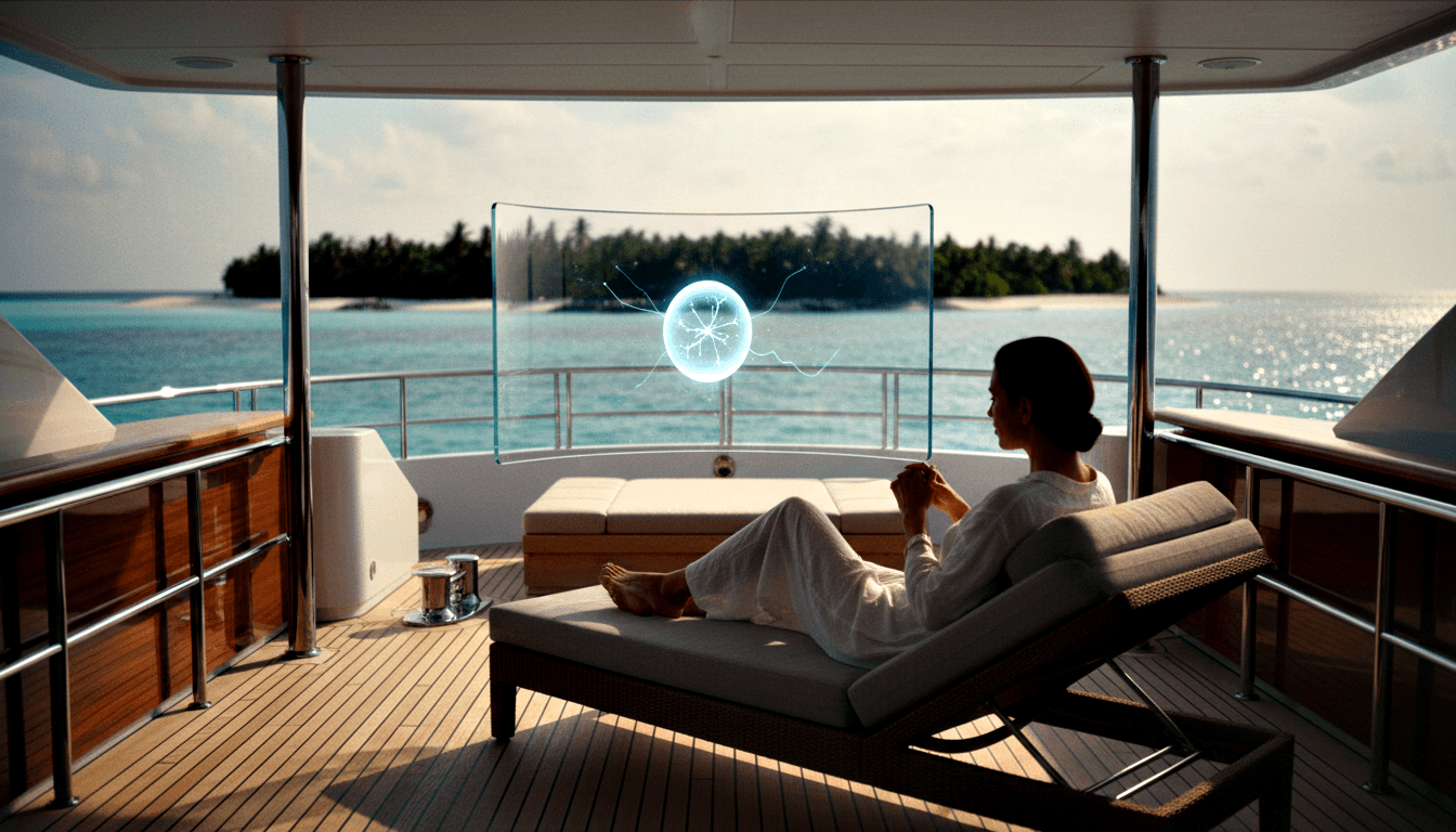 Woman in white reclines on yacht's teak chaise facing glowing spherical orb with holographic network lines; turquoise sea behind.