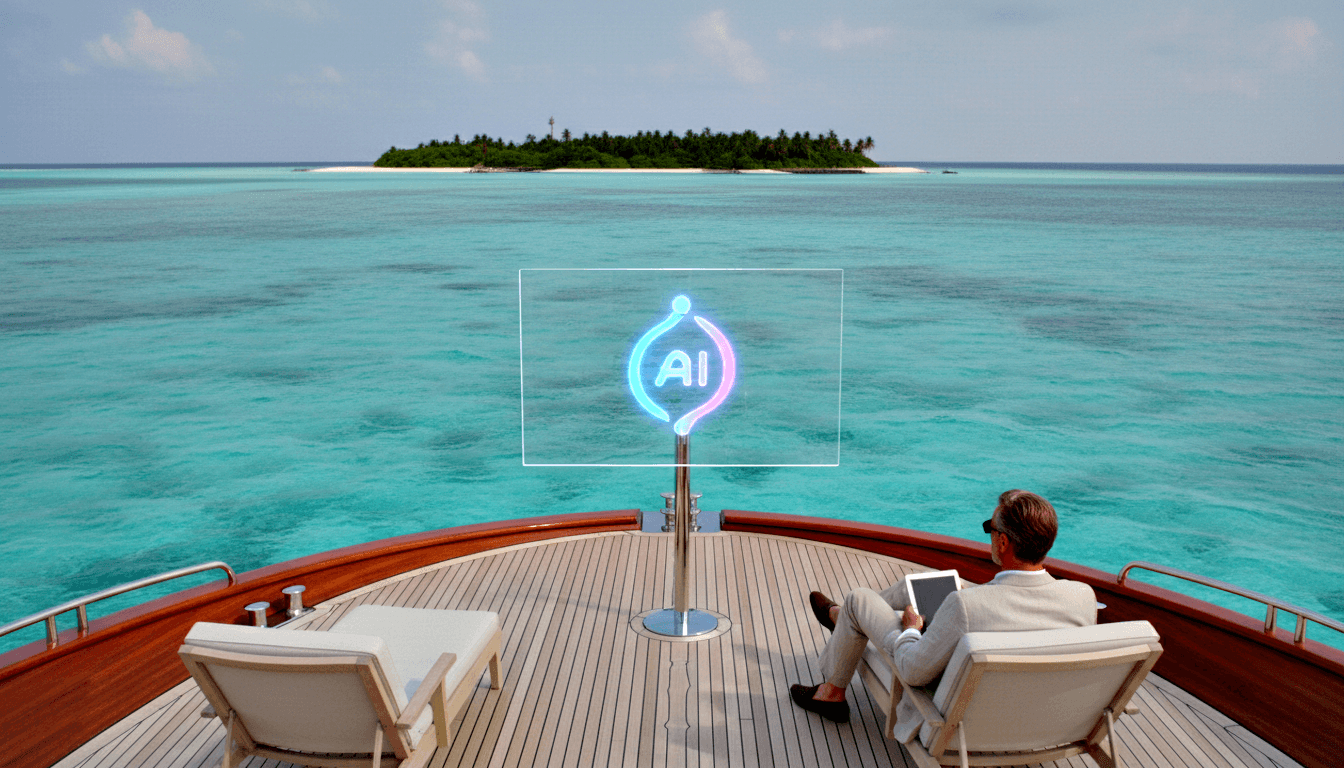 Man in cream suit on yacht bow deck faces holographic blue-magenta 'AI' emblem screen, palm island on horizon.