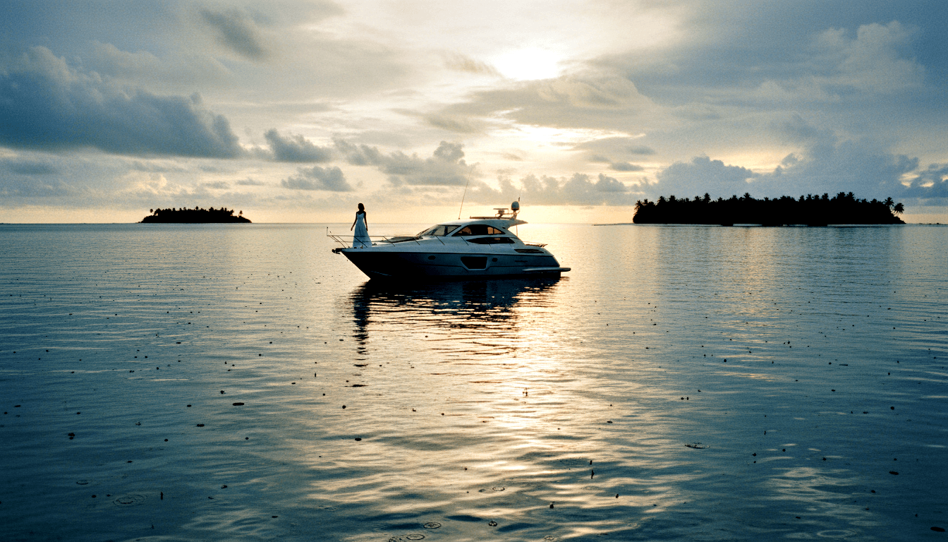 White motor yacht anchored on calm steel-blue water, woman in long white gown standing on the bow with arms extended toward a golden horizon.