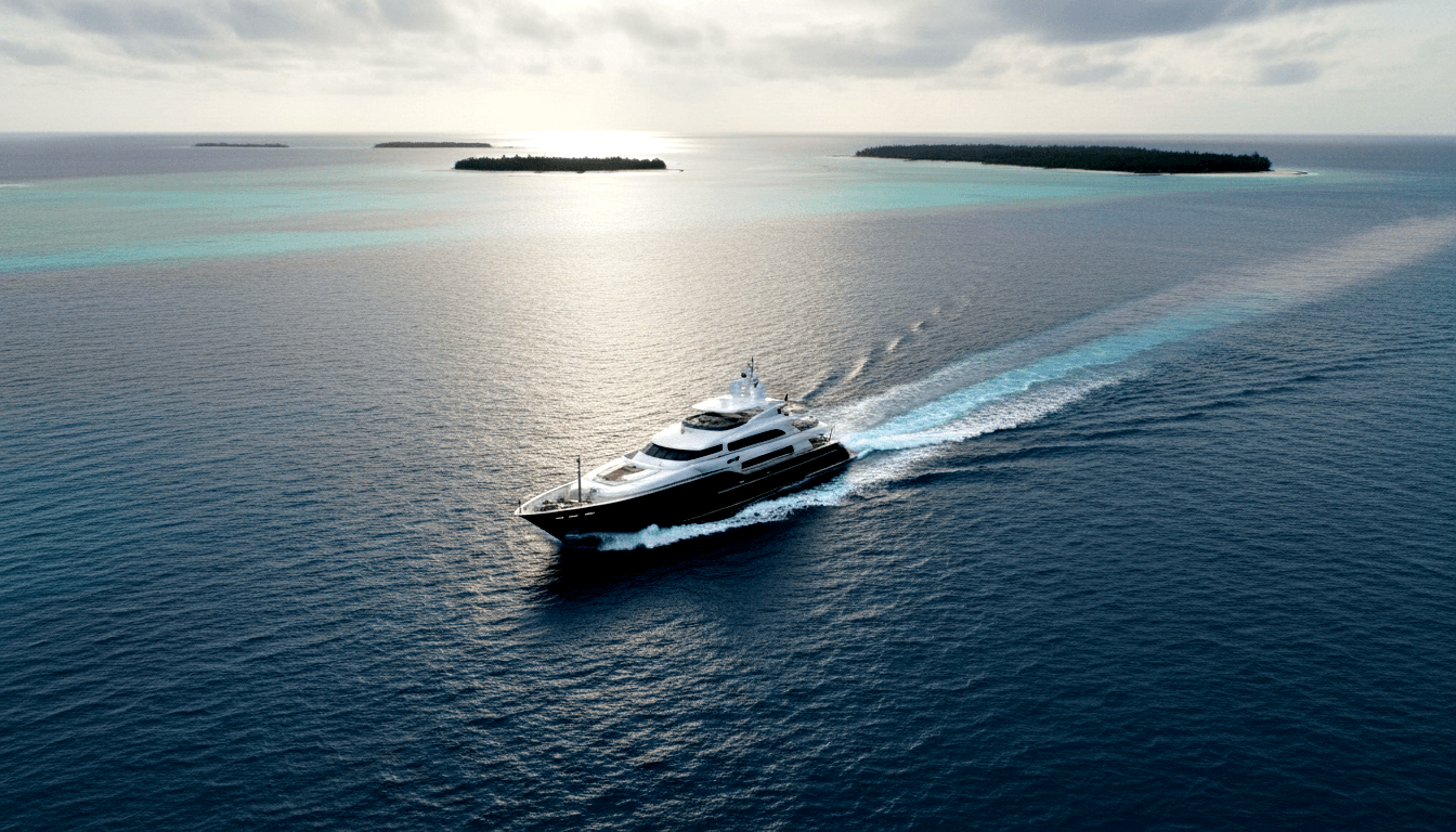 Large multi-deck motor yacht with navy hull and white superstructure cruising at speed, broad white wake trailing across open ocean.