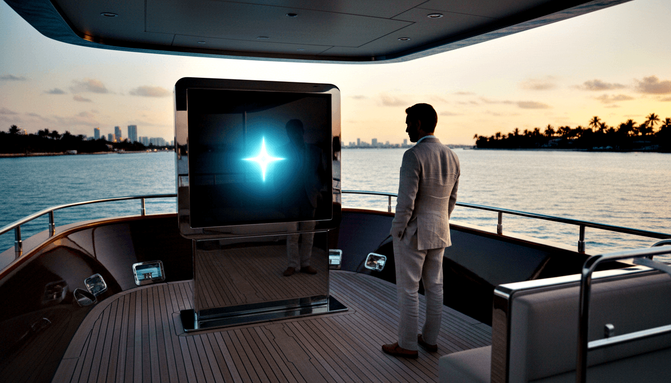 Man in linen suit with hands behind back faces a large screen on a chrome pedestal emitting a cyan-white star flare on a teak deck.