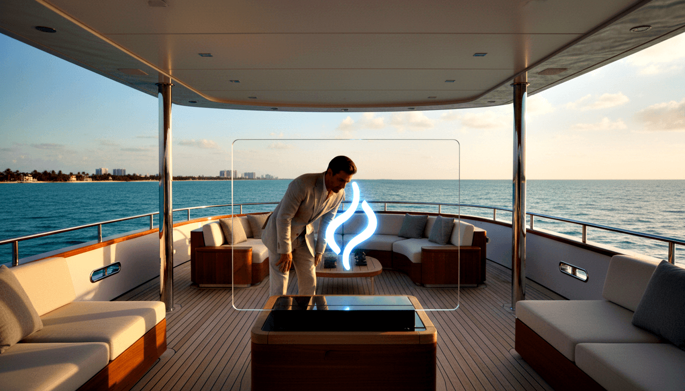 Middle-aged man in cream linen suit leaning over a holographic cyan-white swirling symbol above a dark table on a yacht's aft deck.