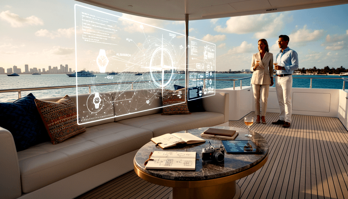 Woman in cream blazer and man in light blue shirt clink wine glasses on yacht upper deck with holographic display showing watch imagery nearby.