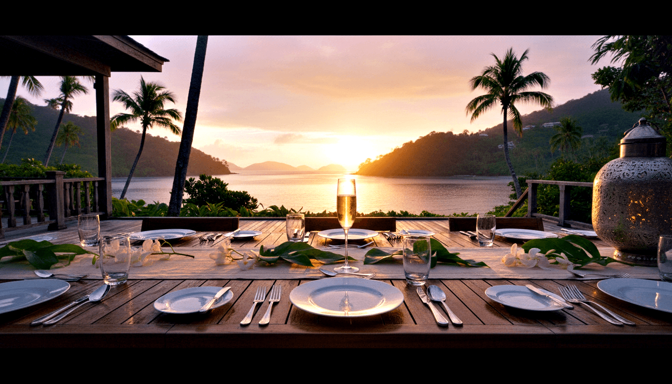 Formally set wooden deck dining table at golden hour with a champagne flute aligned with the setting sun, orchid blooms, and a filigree lantern.