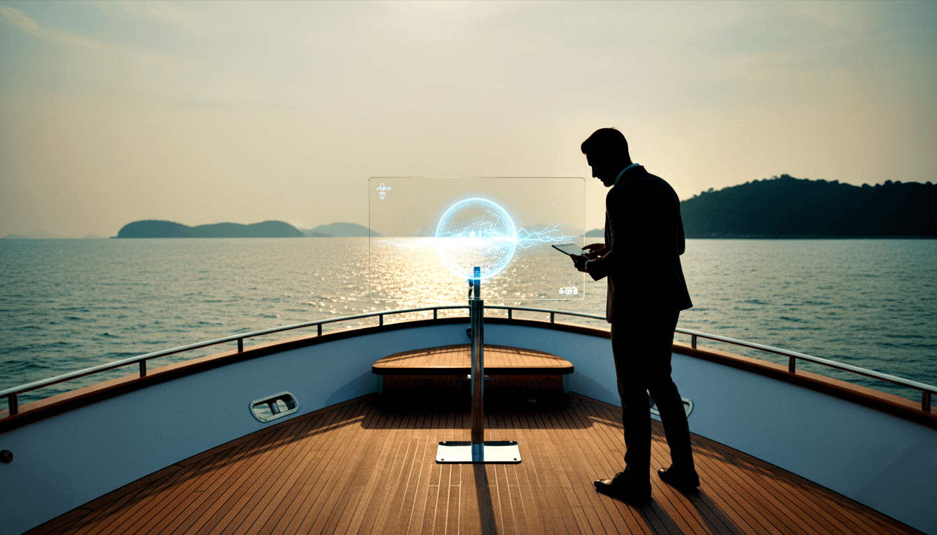 Silhouetted man in business suit on white yacht bow faces a holographic display emitting a glowing cyan orb over open ocean.