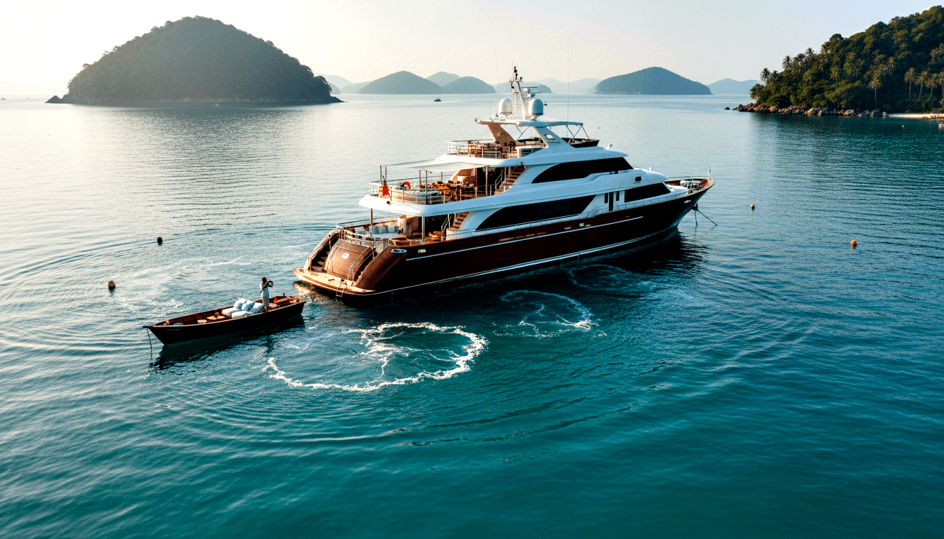 Multi-deck motor yacht with white superstructure and dark mahogany hull anchored in calm turquoise water, a small wooden tender alongside.