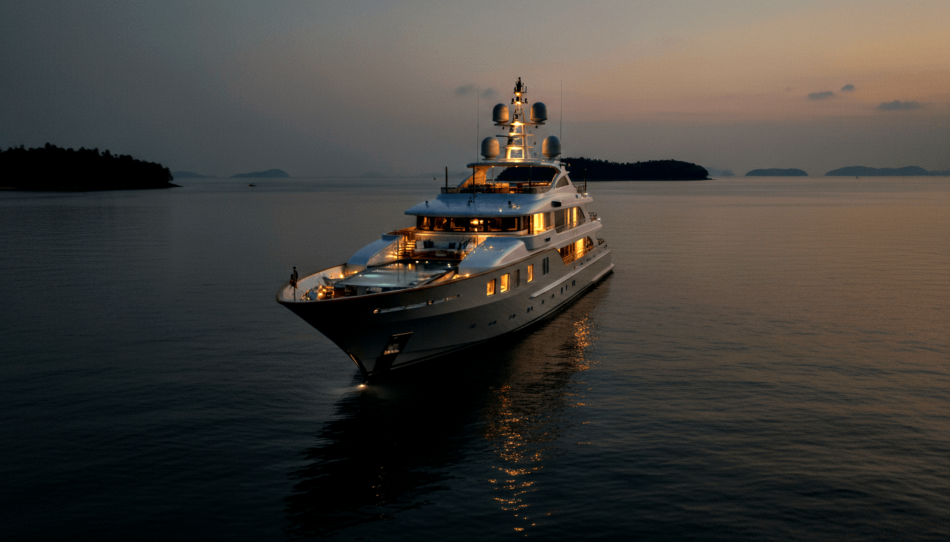 Multi-deck motor yacht, dark hull, white superstructure, calm water at twilight; amber lighting, teal pool, rose horizon.