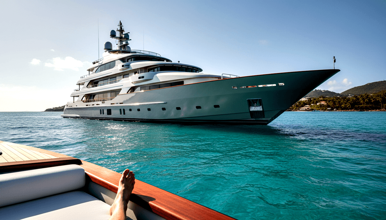 White multi-deck motor yacht with teal hull in turquoise waters; bare feet reclining on teak deck in foreground.