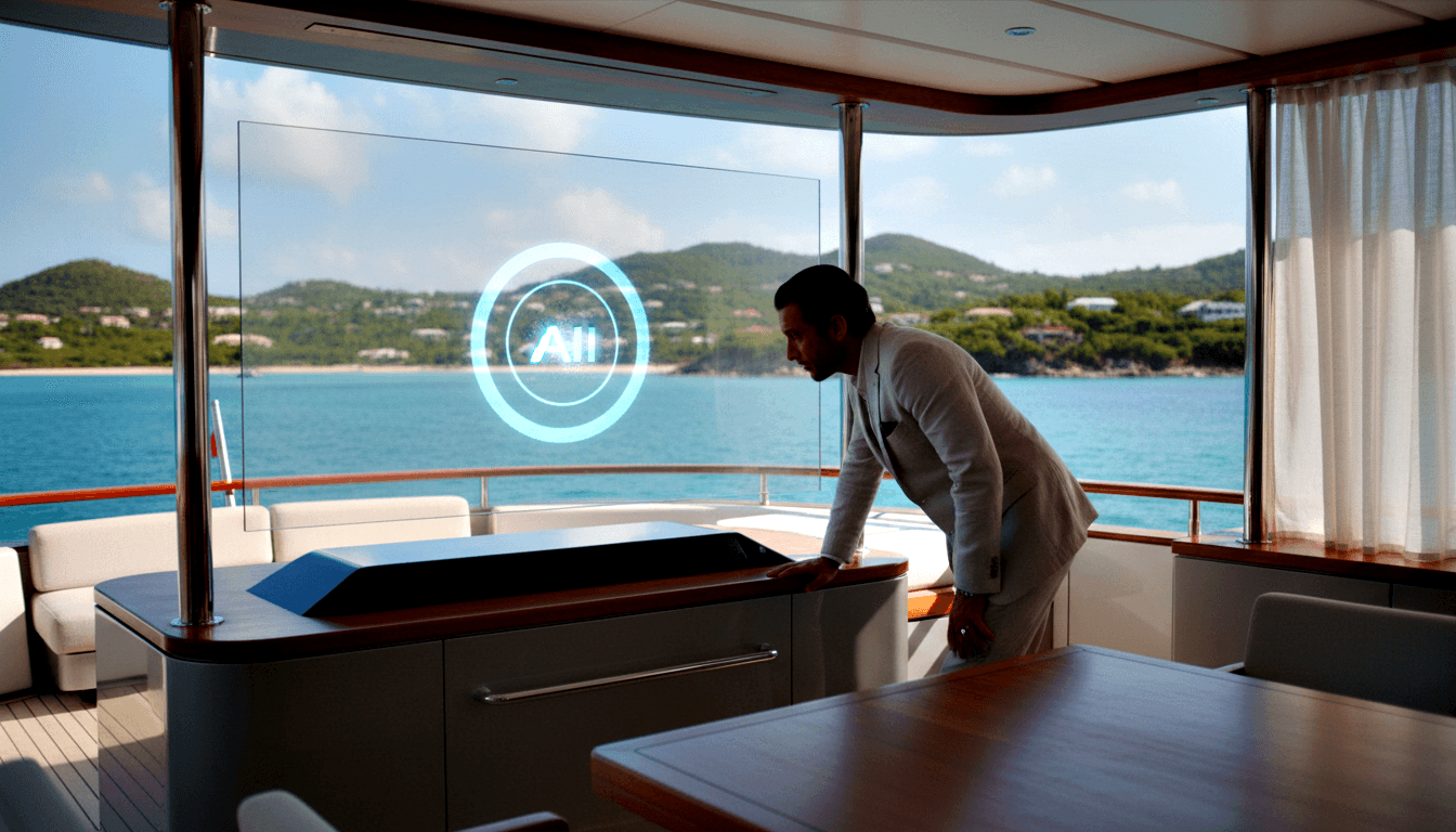 Man in cream blazer leans on dark console in yacht salon with cyan holographic rings on panoramic windows overlooking turquoise water.
