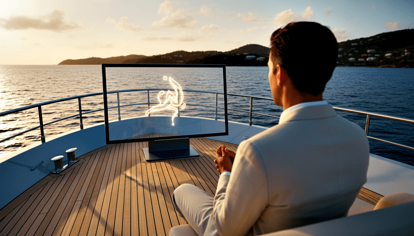 Man in cream suit sitting on yacht deck, viewed from behind, facing a monitor displaying a glowing gold-and-white calligraphic mark.