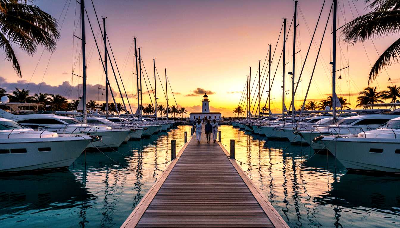 Wooden pier leads to white lighthouse; sailboats flank calm turquoise water; three backlit figures walk under golden-orange sky.