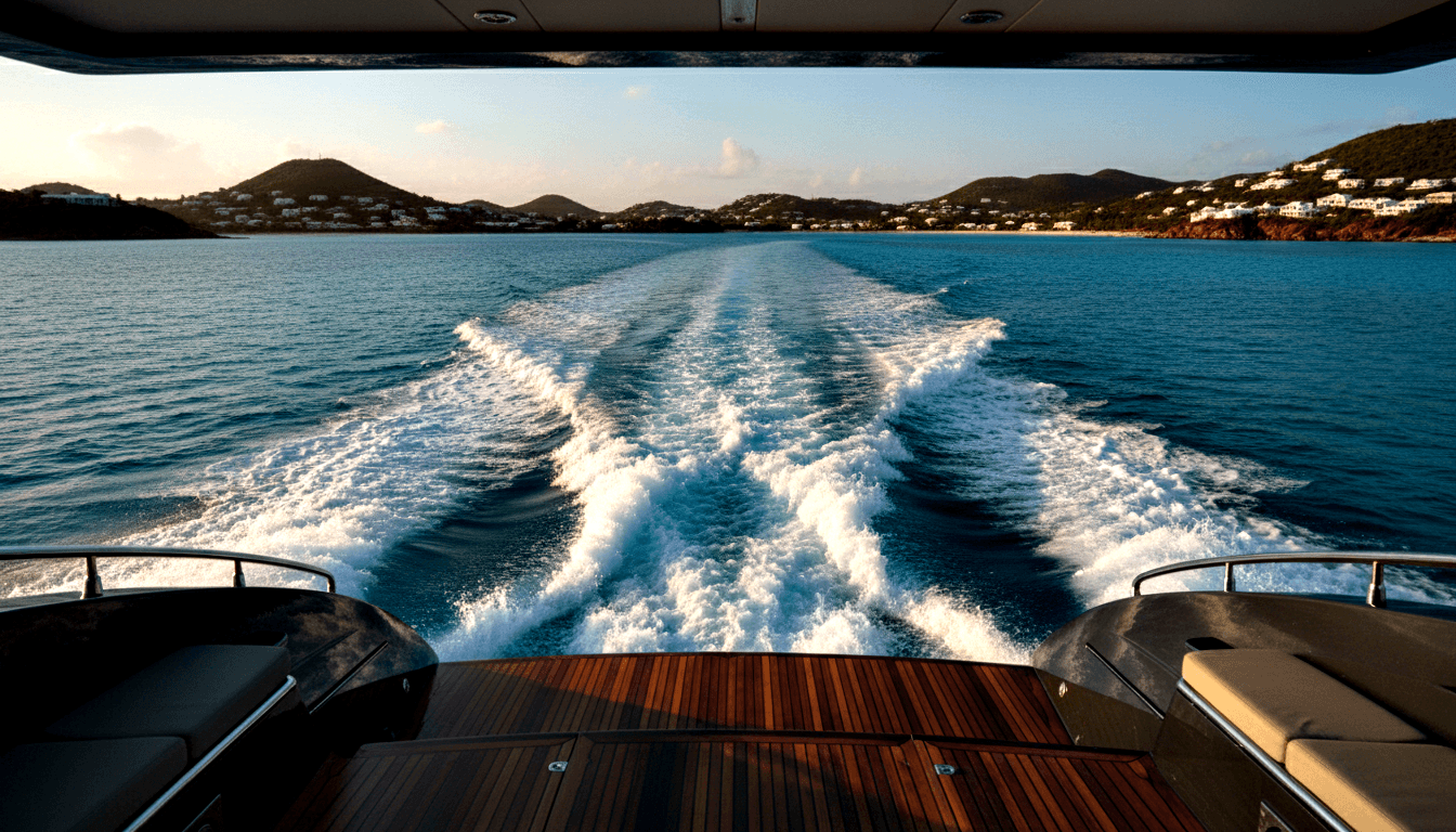 Yacht stern deck with teak planking, chrome rails, grey seating; twin foam wakes lead to green hilly coastline with white buildings.