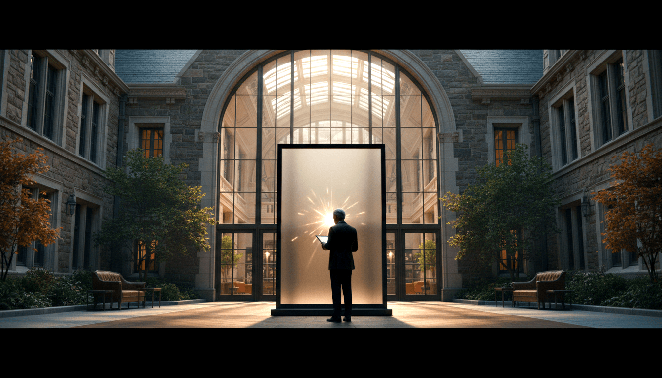 CGI figure in dark suit, seen from behind, holds tablet before glowing white-gold panel; armchairs and autumn trees flank the scene.