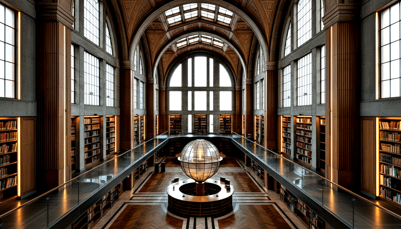 Library hall with barrel-vaulted concrete ceiling, two-level bookshelves, herringbone parquet, and lit spherical globe on pedestal.