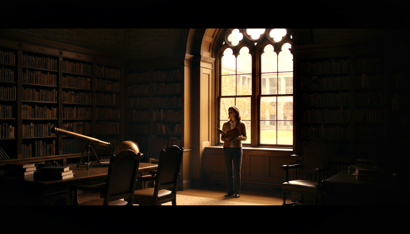 Person holding open book silhouetted against Gothic arched library window; mahogany shelves, brass telescope, globe nearby.