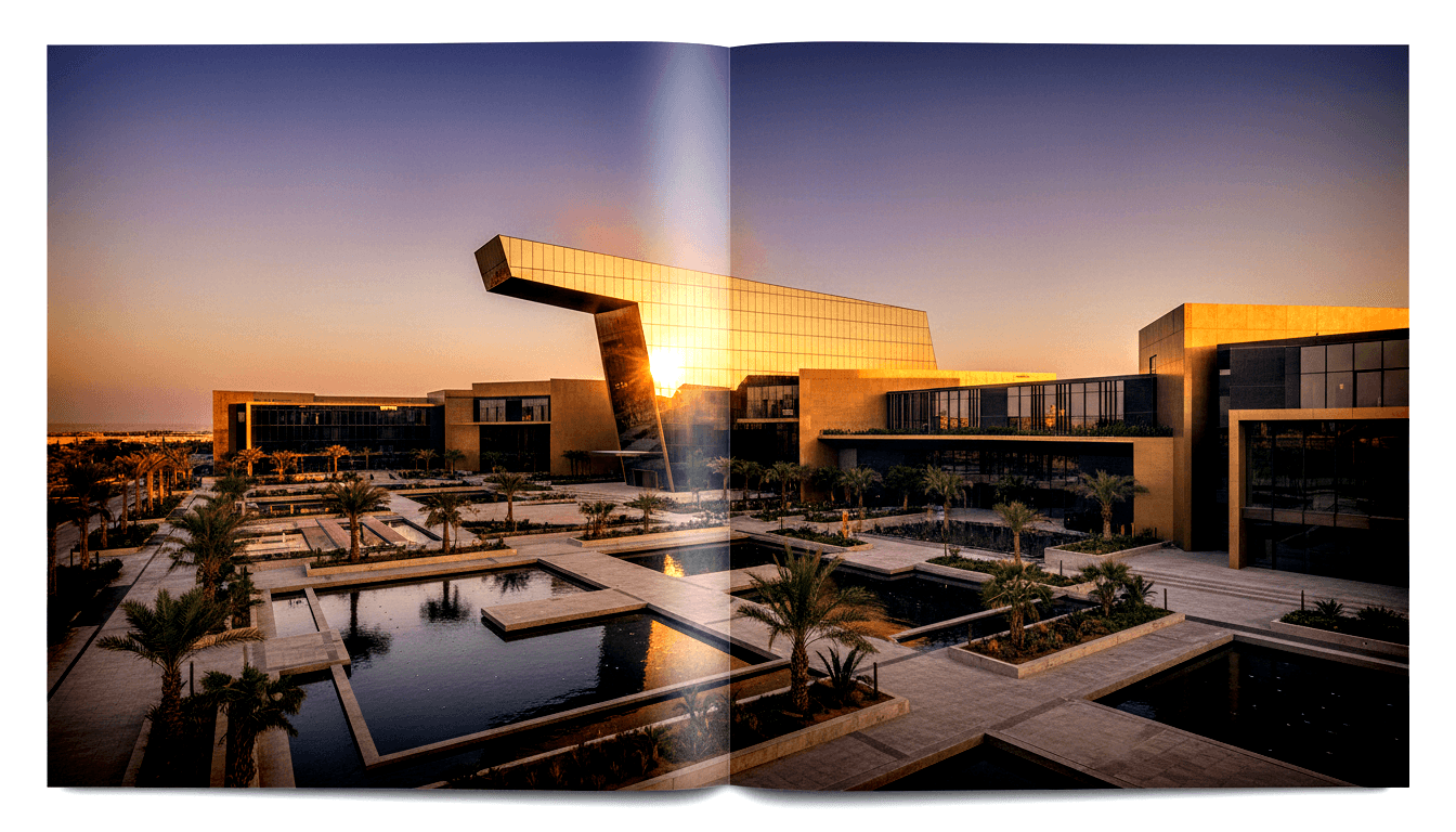 Aerial view of modern architectural complex at golden hour with cantilevered glass beam over reflecting pools, stone pathways, and palm trees.