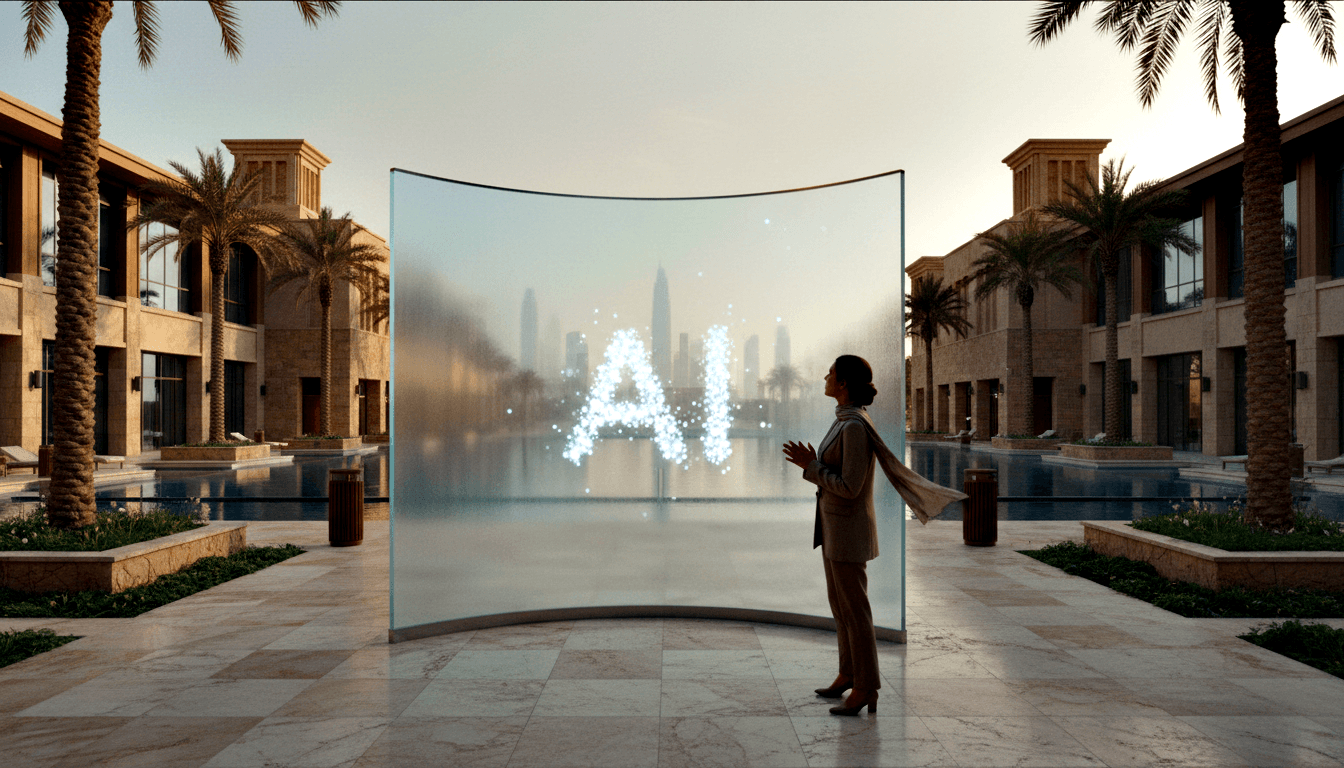Woman in tan suit before curved glass panel glowing 'AI' in particles; symmetrical courtyard with palms and wind-tower buildings.