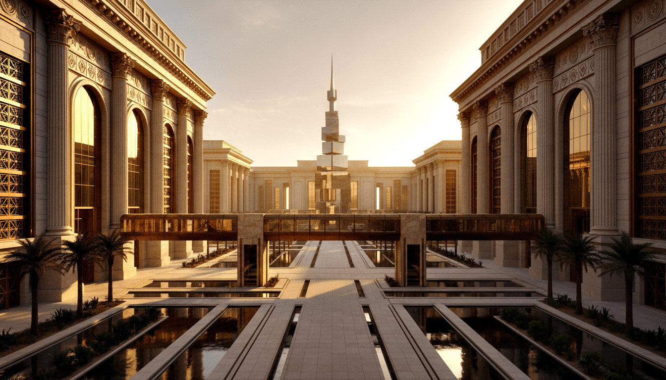 Neoclassical wings with Corinthian columns flank a courtyard with reflecting pools, palm walkways, glass bridge, and central spire.