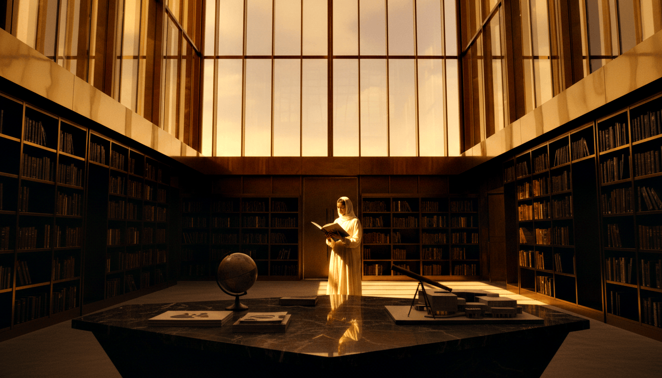 Woman in white robe and head covering reads an open book on a dark marble platform in a vast library with towering bookshelves.