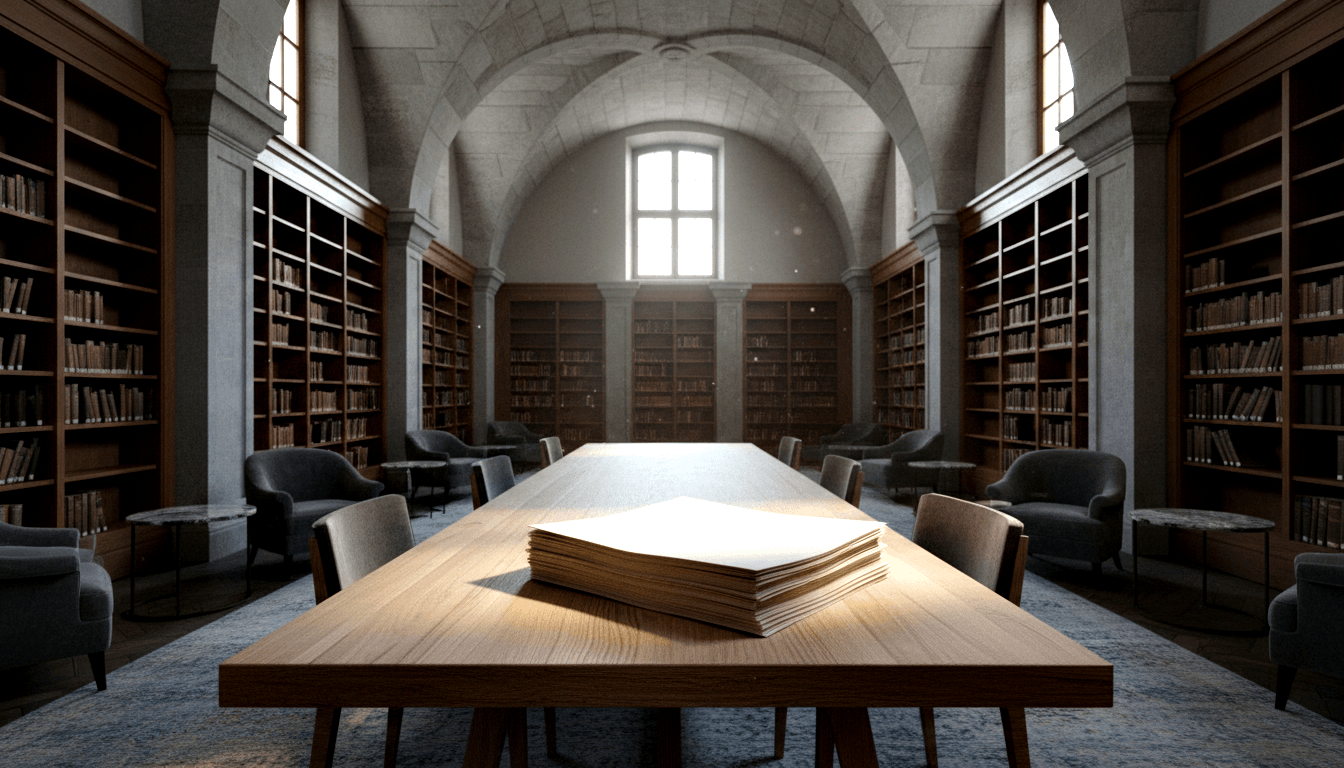 CGI library reading room: stone groin-vaulted ceilings, tall wooden bookshelves, yellowed papers lit by shaft of light from arched window.