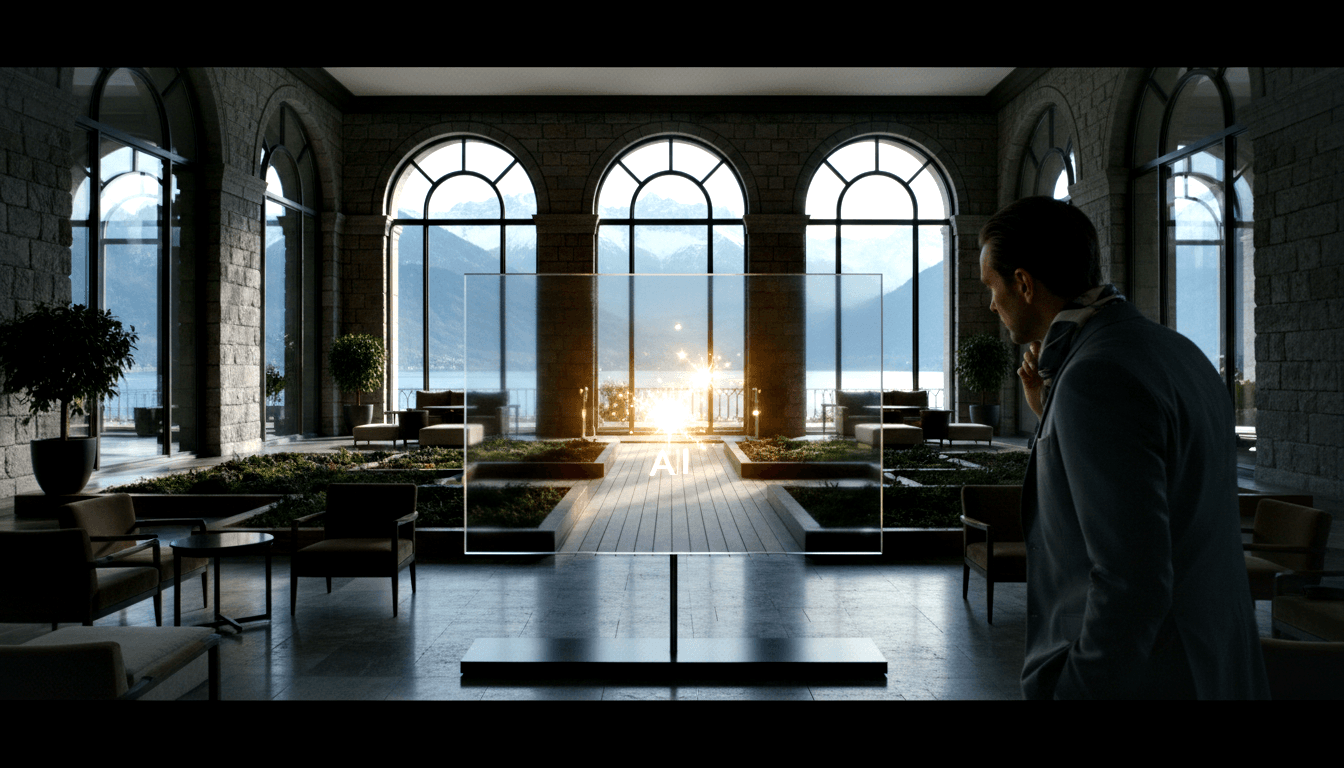 Stone hall with three arched windows overlooking mountains and lake; man in gray blazer stands before a glowing gold display panel reading 'AI'.