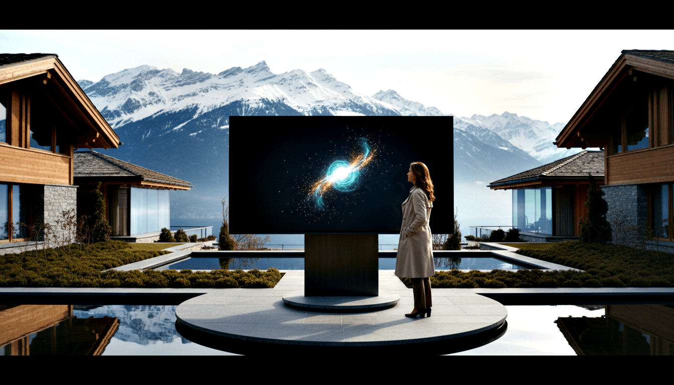Woman in beige coat stands in profile on stone platform before large display with swirling teal and gold cosmic graphic; mountains beyond.