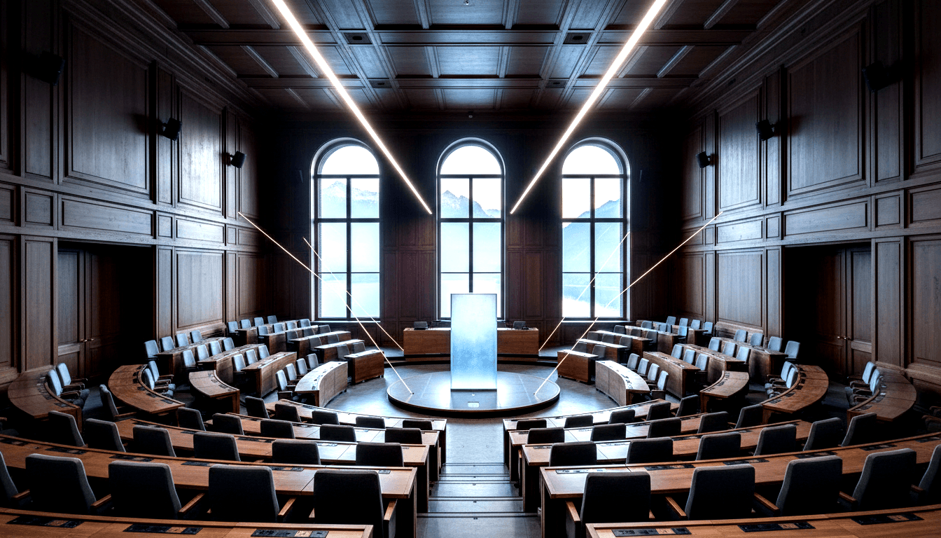 Empty legislative chamber with semicircular tiered desks, coffered ceiling, arched windows framing snow-capped peaks.