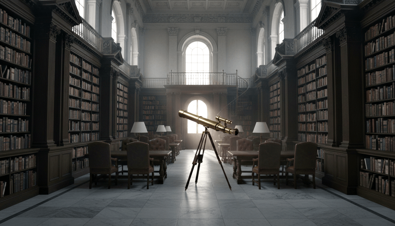 Brass refracting telescope on a dark wooden tripod centered in a grand library hall with floor-to-ceiling bookshelves and arched windows.
