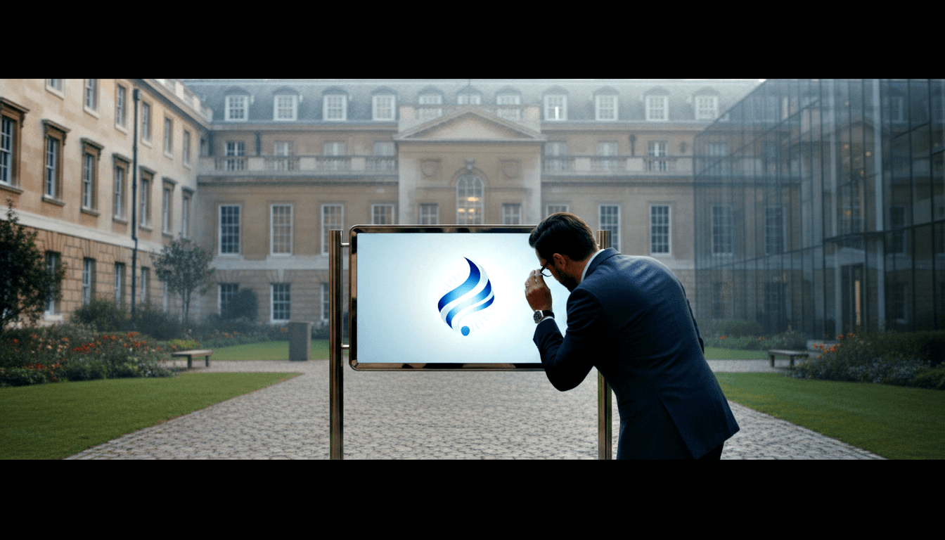 Man in dark navy suit leans forward holding glasses, examining an illuminated lightbox on gold poles displaying a blue flame swoosh logo.