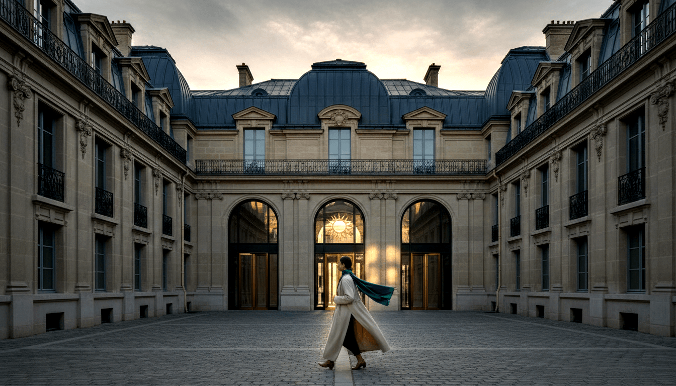 Neoclassical U-shaped stone building, mansard roofs, cobblestone courtyard; figure in cream coat walks toward glowing central entrance.